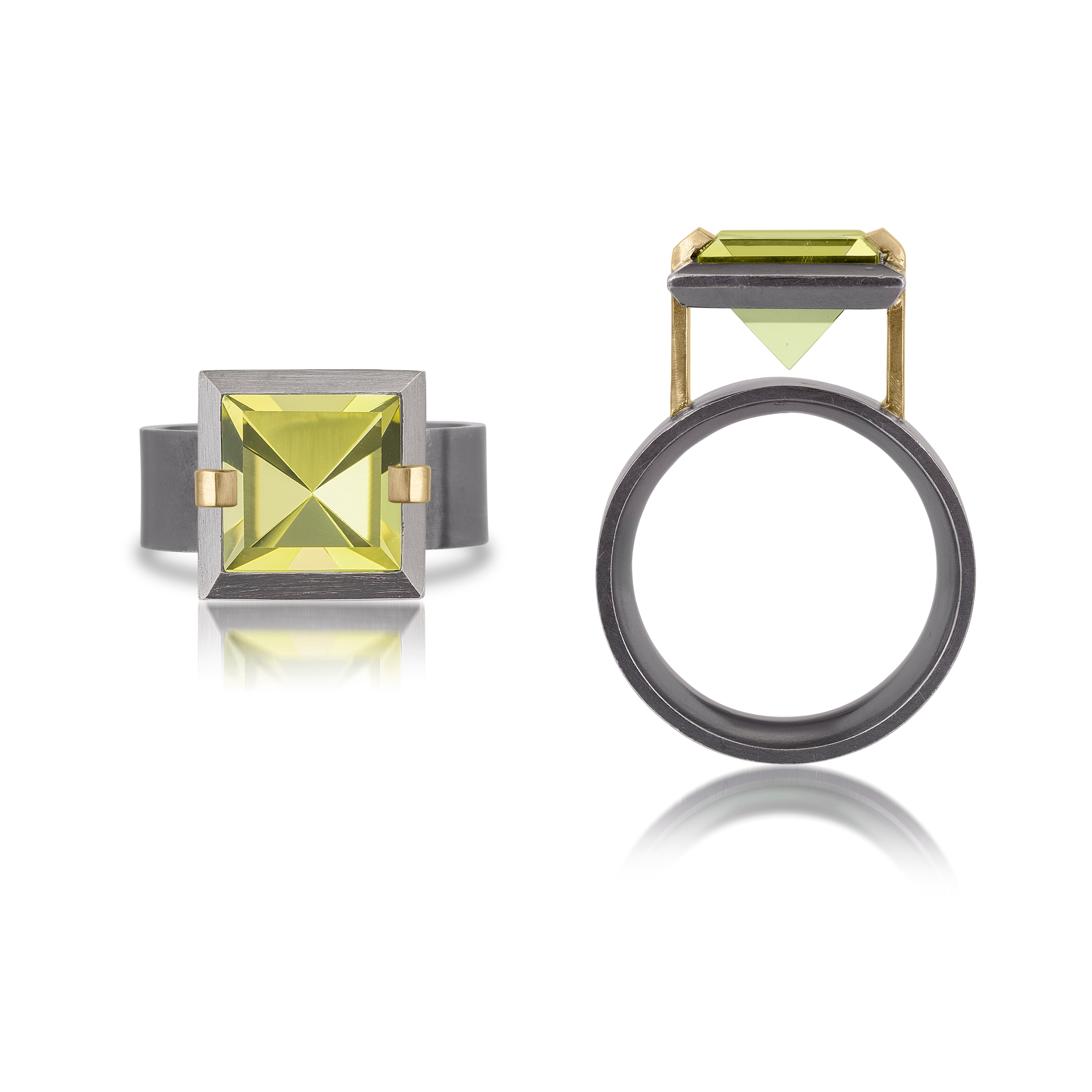 This small style Facets ring is natural gemstone set in oxidized sterling and 18k gold. Crisp and sparkling faceted squares of gemstone are elevated and framed in oxidized silver accented with 18k gold prongs.  The ring features an oxidized sterling comfort band.  Gemstone 3.26- 3.76 tcw.