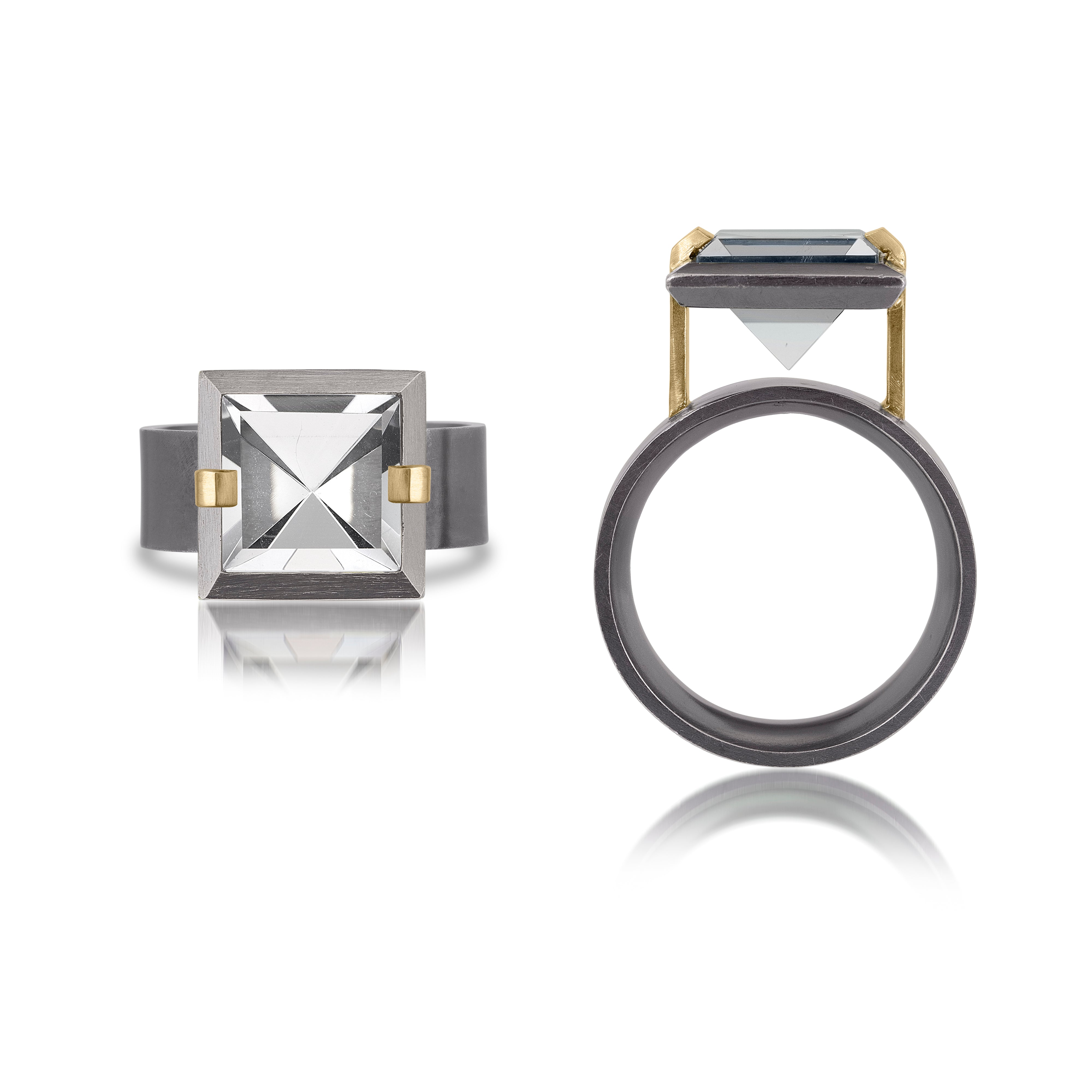 This small style Facets ring is natural gemstone set in oxidized sterling and 18k gold. Crisp and sparkling faceted squares of gemstone are elevated and framed in oxidized silver accented with 18k gold prongs.  The ring features an oxidized sterling comfort band.  Gemstone 3.26- 3.76 tcw.
