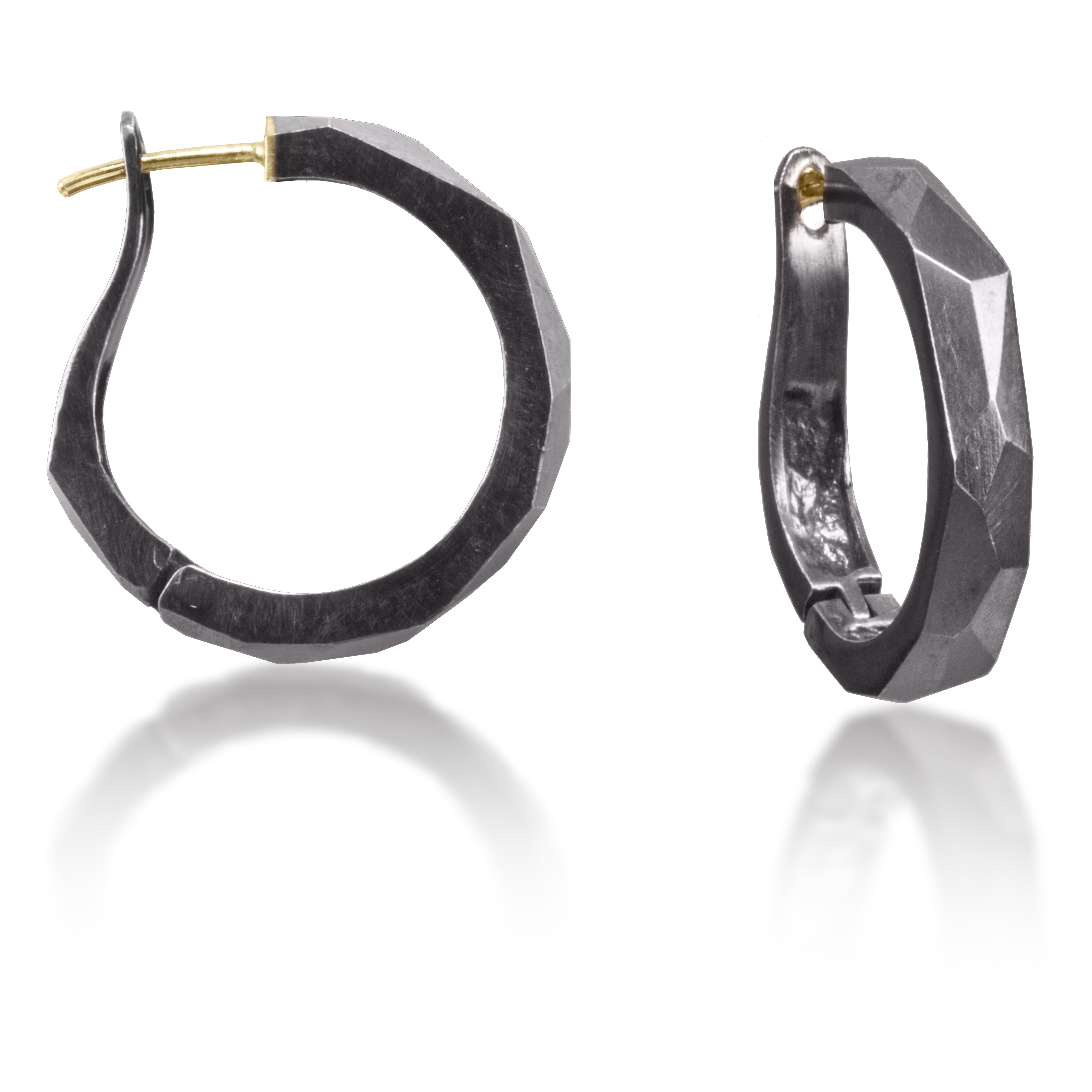 Chunky bigger huggie hoops, crisply hand faceted in four color ways, oxidized silver, 18k gold, palladium or platinum. 18k ear posts and a satisfying click closer.