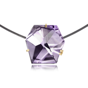 This large size Facets necklace of natural gemstone is set in oxidized silver. Clean lines and a geometric form join to create this neckpiece with a unique, hand cut faceted chunk of gemstone prong set in 18k gold, coupled with a simple neckring of oxidized sterling. Necklace features a friction tube clasp to produce a continuous, uninterrupted line. Gemstone 27.25- 28.75 tcw.