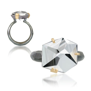 This medium size Facets ring in oxidized sterling and 18k is set with natural gemstone. Unique, hand cut faceted chunks of gemstone are prong set in 18k gold with a hand faceted oxidized silver ring shank. Gemstone 11.5-12.5 tcw.