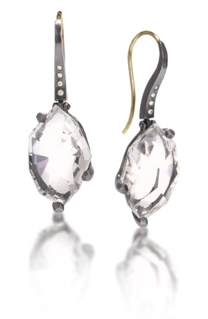 This small earring in oxidized sterling, set with unique, hand cut, faceted chunks of natural stone. Stones are set in faceted prong settings of oxidized sterling, hanging from a curved earwire set with four diamonds of corresponding color. 18k ear wires. Gemstone 15.35 tcw, Dia. 0.0584 tcw.   Available in six color ways.