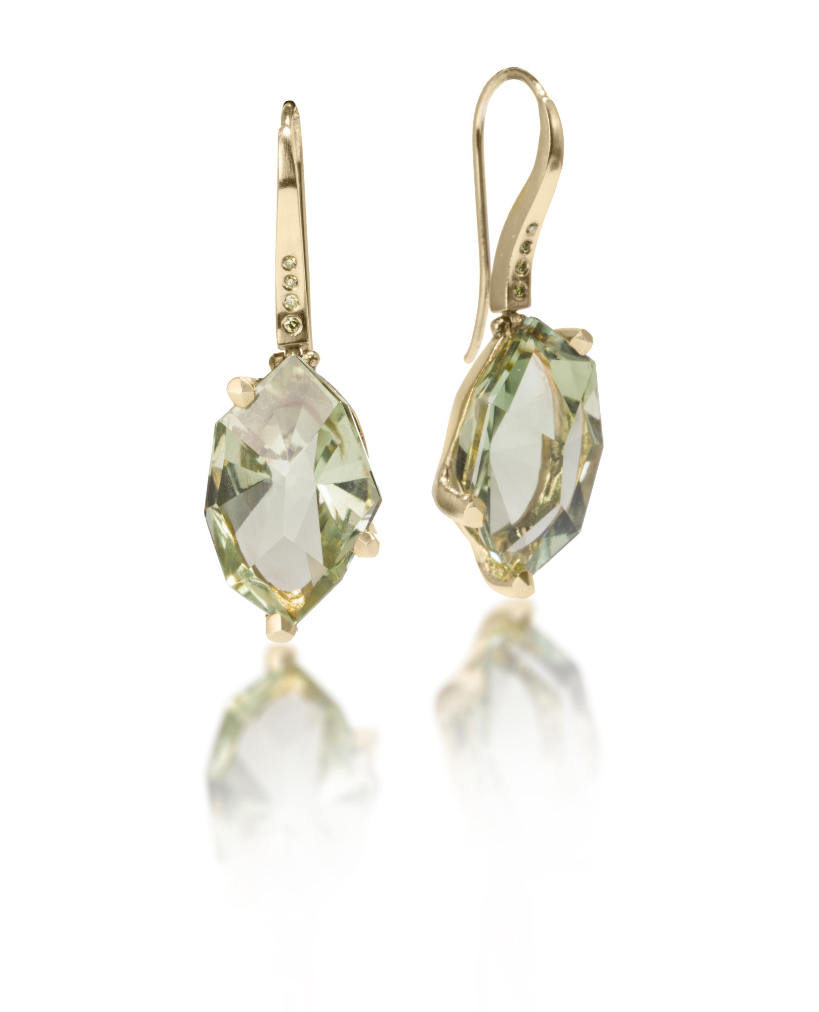 Facets earrings #2, size small in 18k, set with green amethyst. Unique, hand cut faceted chunks of green amethyst set in faceted prong settings of 18k, hanging from a curved earwire set with four ice green [color treated] diamonds. 18k ear wires.