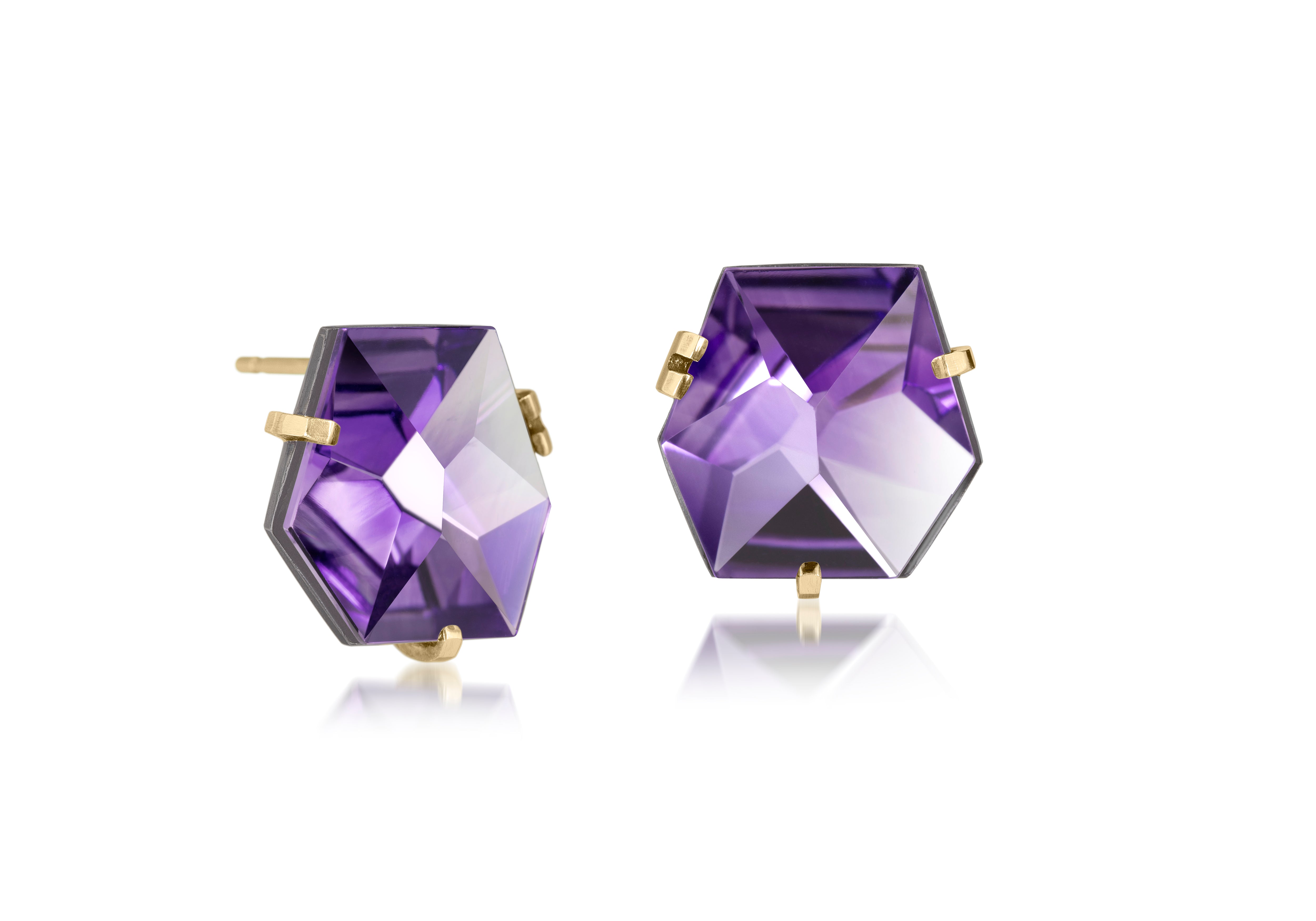 This smallest Facet earring of natural gemstone is set in oxidized sterling and 18k gold. Unique, hand cut faceted chunks of natural gem are prong set in 18k prongs with 14k posts and large backings. 17.0+ tcw.