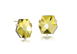 This smallest Facet earring of natural gemstone is set in oxidized sterling and 18k gold. Unique, hand cut faceted chunks of natural gem are prong set in 18k prongs with 14k posts and large backings. 17.0+ tcw.