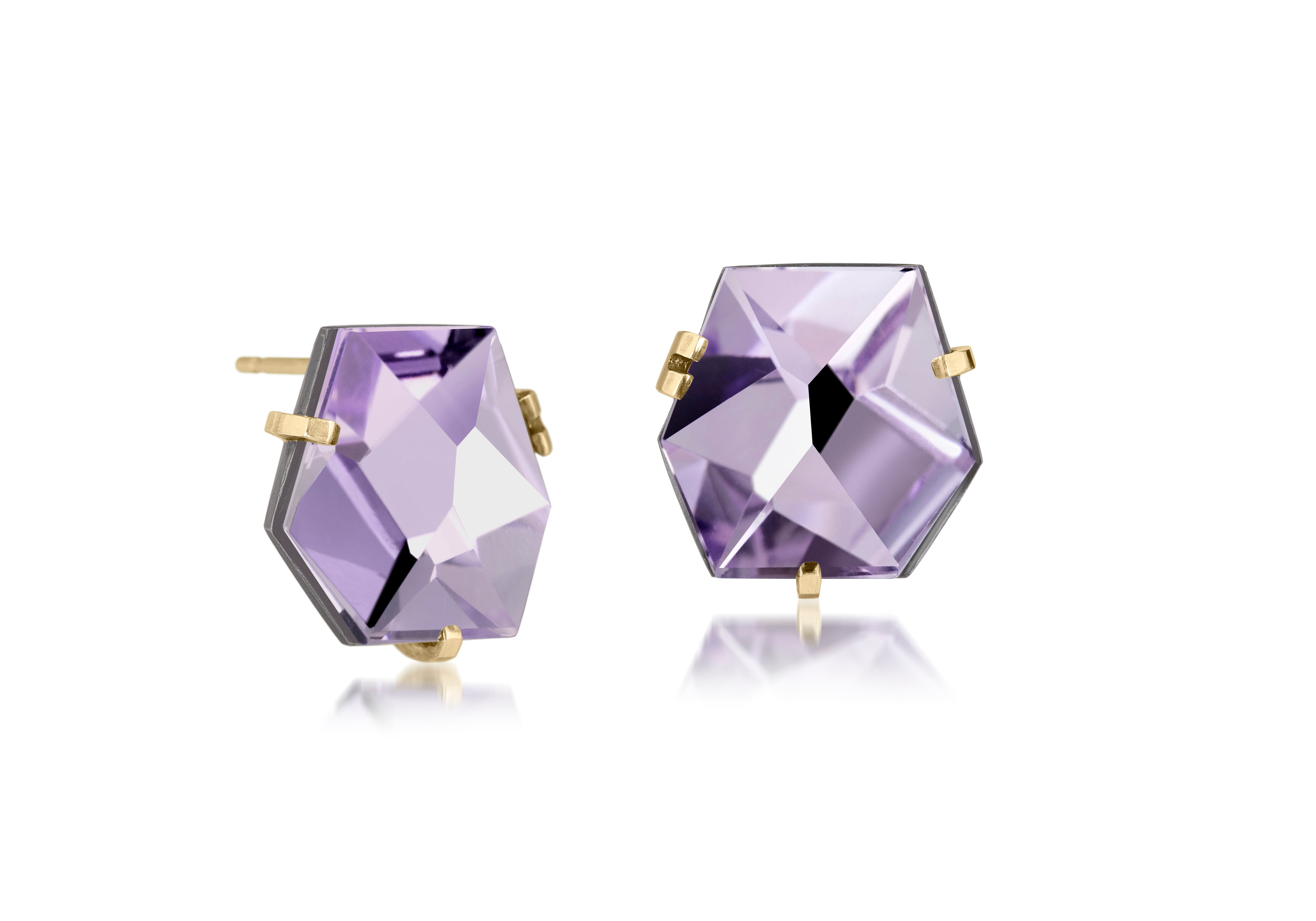 This smallest Facet earring of natural gemstone is set in oxidized sterling and 18k gold. Unique, hand cut faceted chunks of natural gem are prong set in 18k prongs with 14k posts and large backings. 17.0+ tcw.