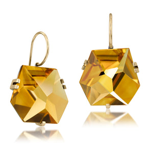 This medium size Facets earring of natural gemstone is set in oxidized sterling and 18k set. Unique, hand cut faceted chunks of natural gem are prong set in 18k prongs and hanging from 18k ear wires. 23.0+ tcw