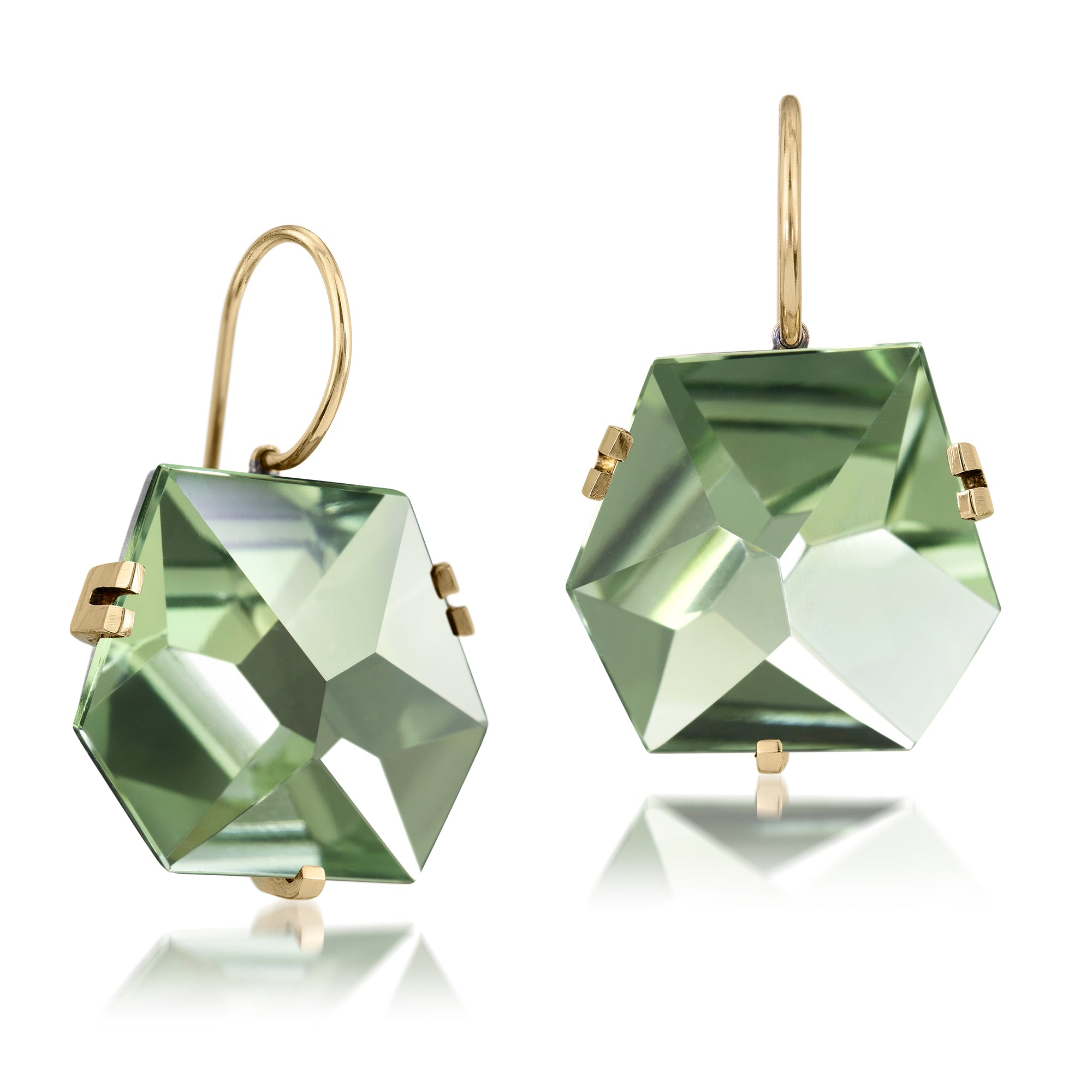 This medium size Facets earring of natural gemstone is set in oxidized sterling and 18k set. Unique, hand cut faceted chunks of natural gem are prong set in 18k prongs and hanging from 18k ear wires. 23.0+ tcw