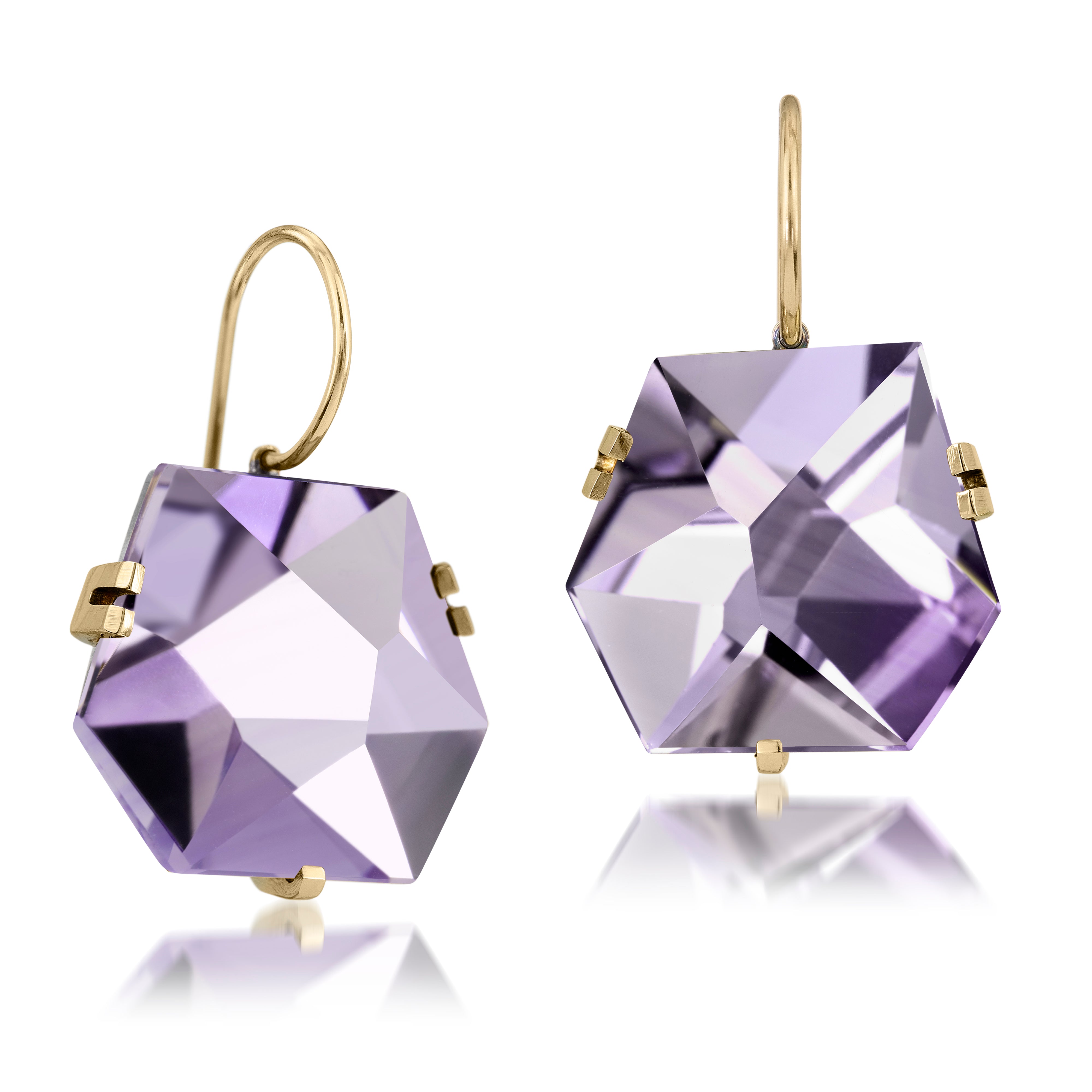 This medium size Facets earring of natural gemstone is set in oxidized sterling and 18k set. Unique, hand cut faceted chunks of natural gem are prong set in 18k prongs and hanging from 18k ear wires. 23.0+ tcw