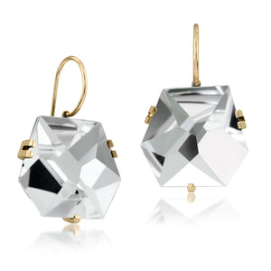 This medium size Facets earring of natural gemstone is set in oxidized sterling and 18k set. Unique, hand cut faceted chunks of natural gem are prong set in 18k prongs and hanging from 18k ear wires. 23.0+ tcw