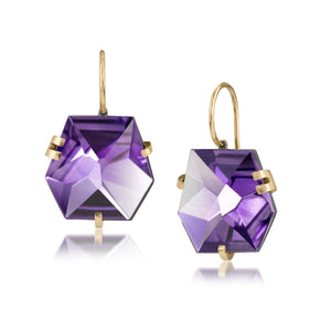 Facets earring, size small in oxidized sterling and 18k gold set with natural gemstones. Unique, hand cut, faceted chunks of natural gem prong set in 18k gold prongs and hanging from 18k ear wires.