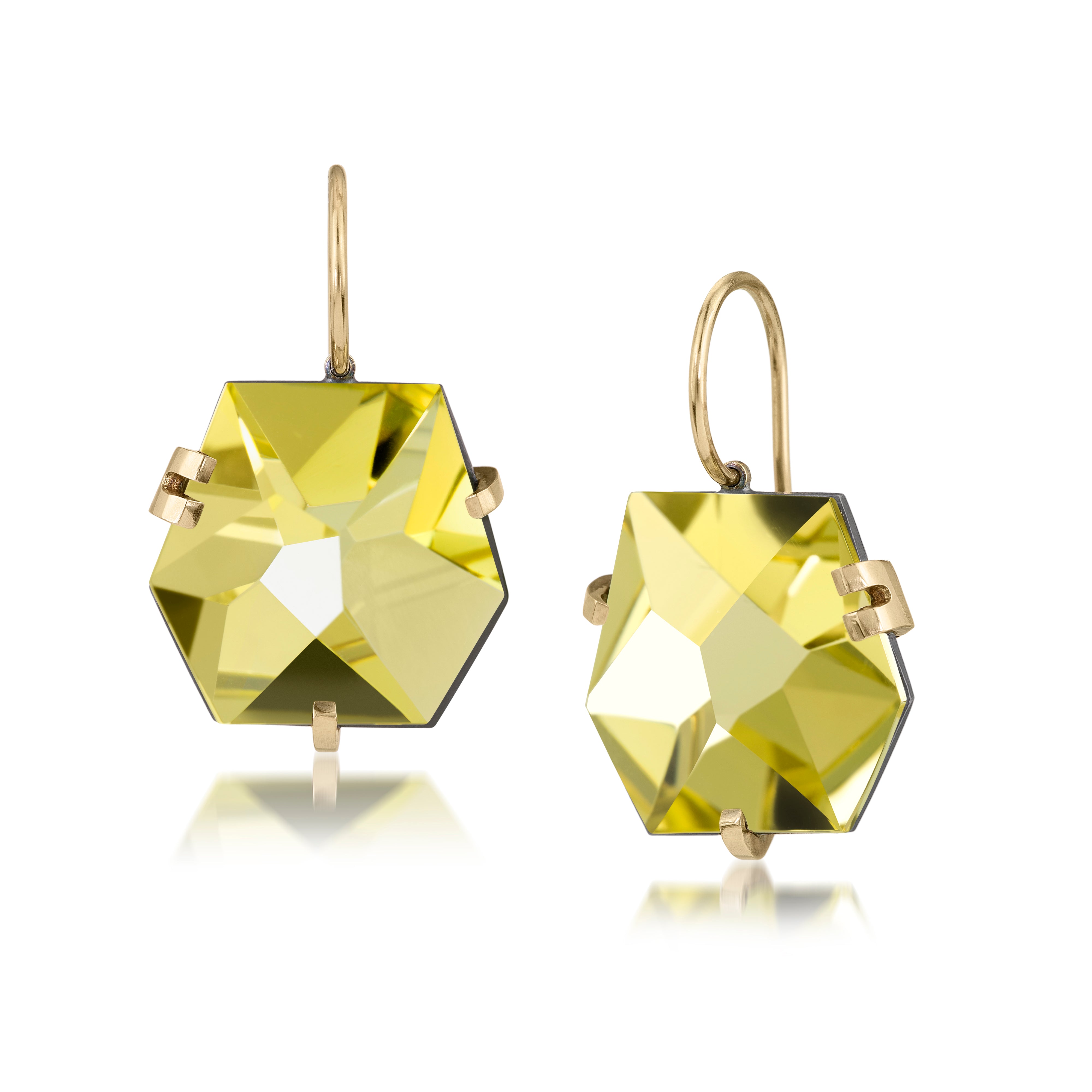 Facets earring, size small in oxidized sterling and 18k gold set with natural gemstones. Unique, hand cut, faceted chunks of natural gem prong set in 18k gold prongs and hanging from 18k ear wires.