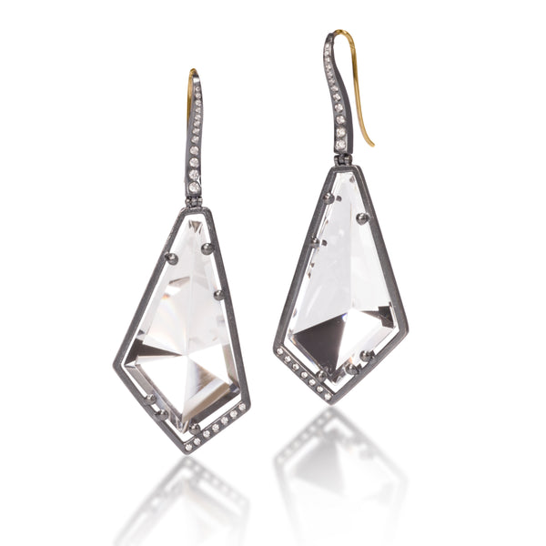 Facets Earring #10 in oxidized sterling silver with “floating” semiprecious, mirror cut gems, 43.75 tcw.  Accented with flush set, ideal cut, white diamonds 0.2566 tcw. This dazzling earring hangs from an 18k gold ear wire.