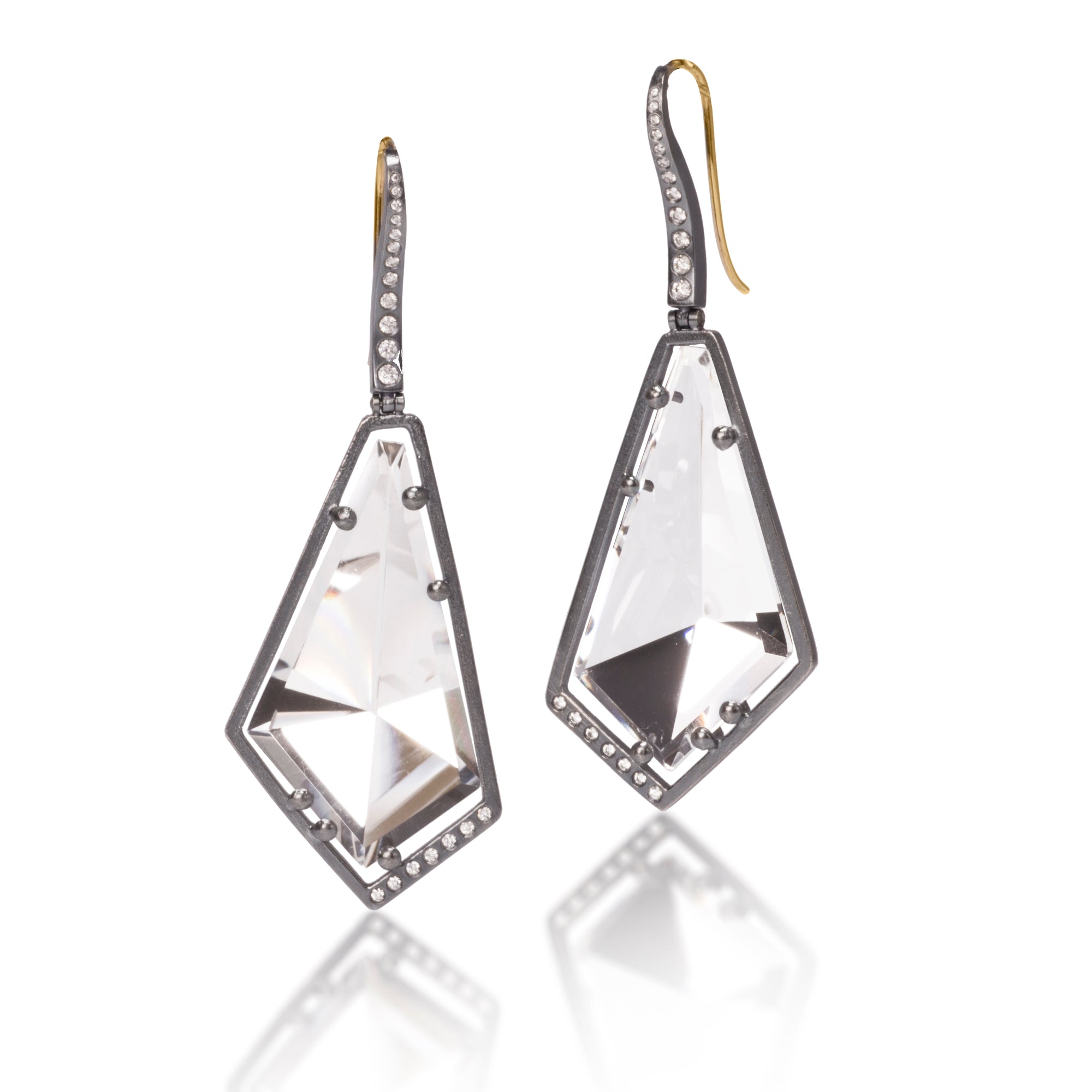 Facets Earring #10 in oxidized sterling silver with “floating” semiprecious, mirror cut gems, 43.75 tcw.  Accented with flush set, ideal cut, white diamonds 0.2566 tcw. This dazzling earring hangs from an 18k gold ear wire.