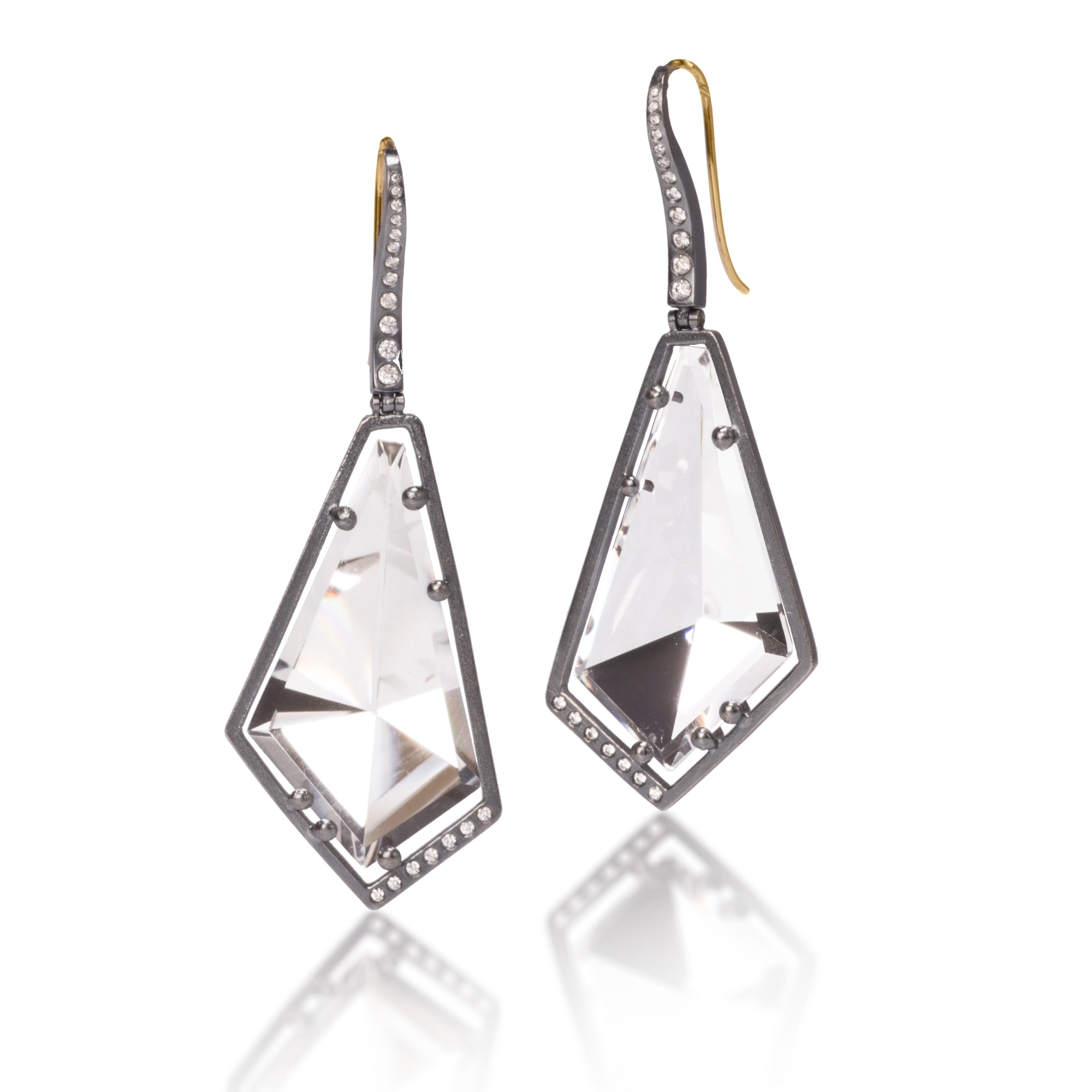 Facets Earring #10 in oxidized sterling silver with “floating” semiprecious, mirror cut gems, 43.75 tcw.  Accented with flush set, ideal cut, white diamonds 0.2566 tcw. This dazzling earring hangs from an 18k gold ear wire.