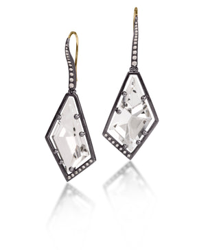 Facets Earring #9 in oxidized sterling silver with a “floating” crystalline quartz gem and flush set with ideal cut, white diamonds. 18k gold ear wires. Available with 0.1518 tcw. or 0.2566 tcw. white diamonds. 