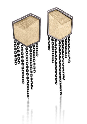 This earring in oxidized sterling silver and richly textured 18k bimetal, is flush set with ideal cut white diamonds. It features 14k gold posts or 18k gold ear wires. Accent facet glitters with the texture of diamond facets, individually scored and textured. Medium size.  Available in post, post fringe, drop and drop fringe styles.  0.1794 tcw