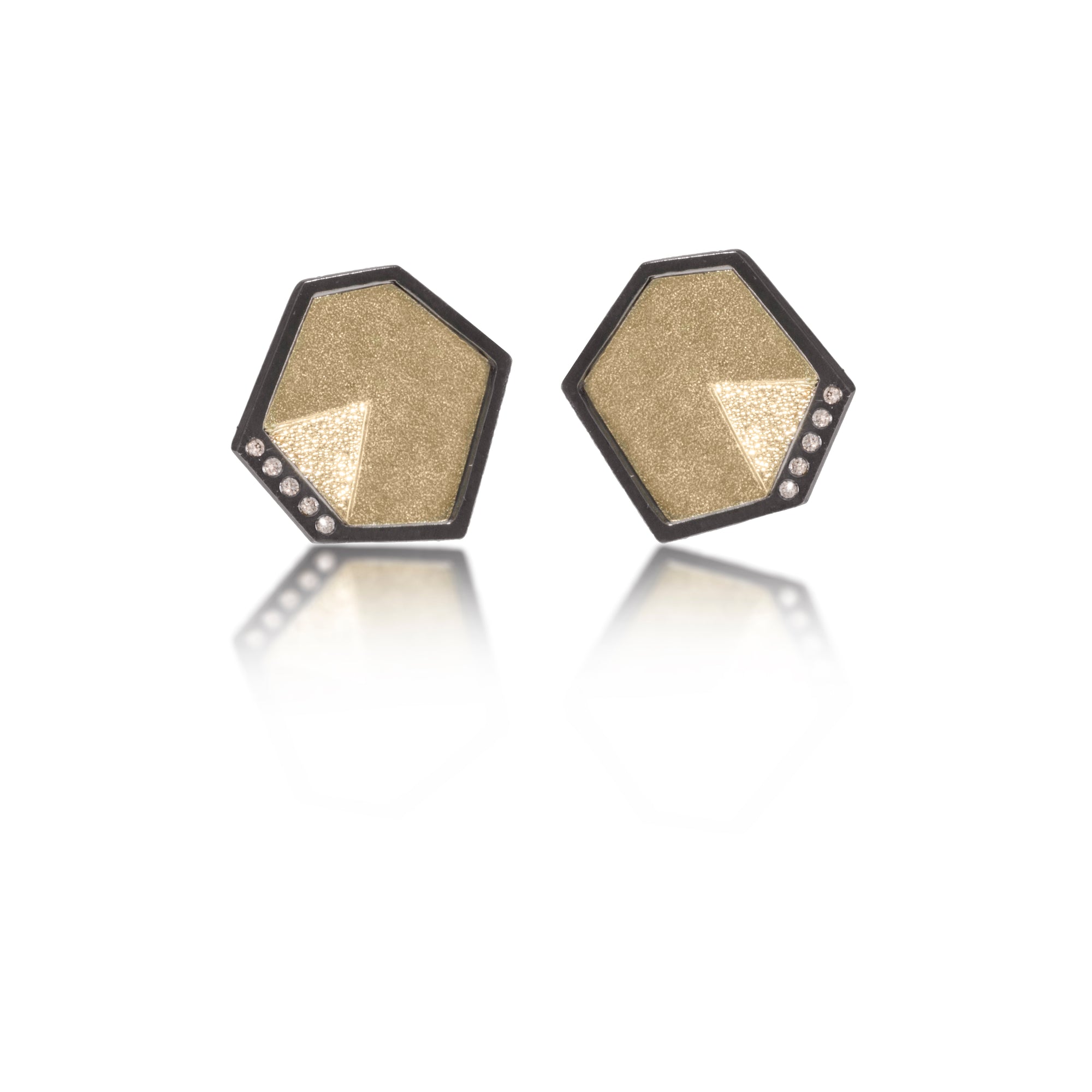 This earring in oxidized sterling silver and richly textured 18k bimetal, is flush set with ideal cut white diamonds. It features 14k gold posts or 18k gold earwires. Accent facet glitters with the texture of diamond facets, individually scored and textured. Small size. Available in post, drop or fringed styles.  0.069 tcw