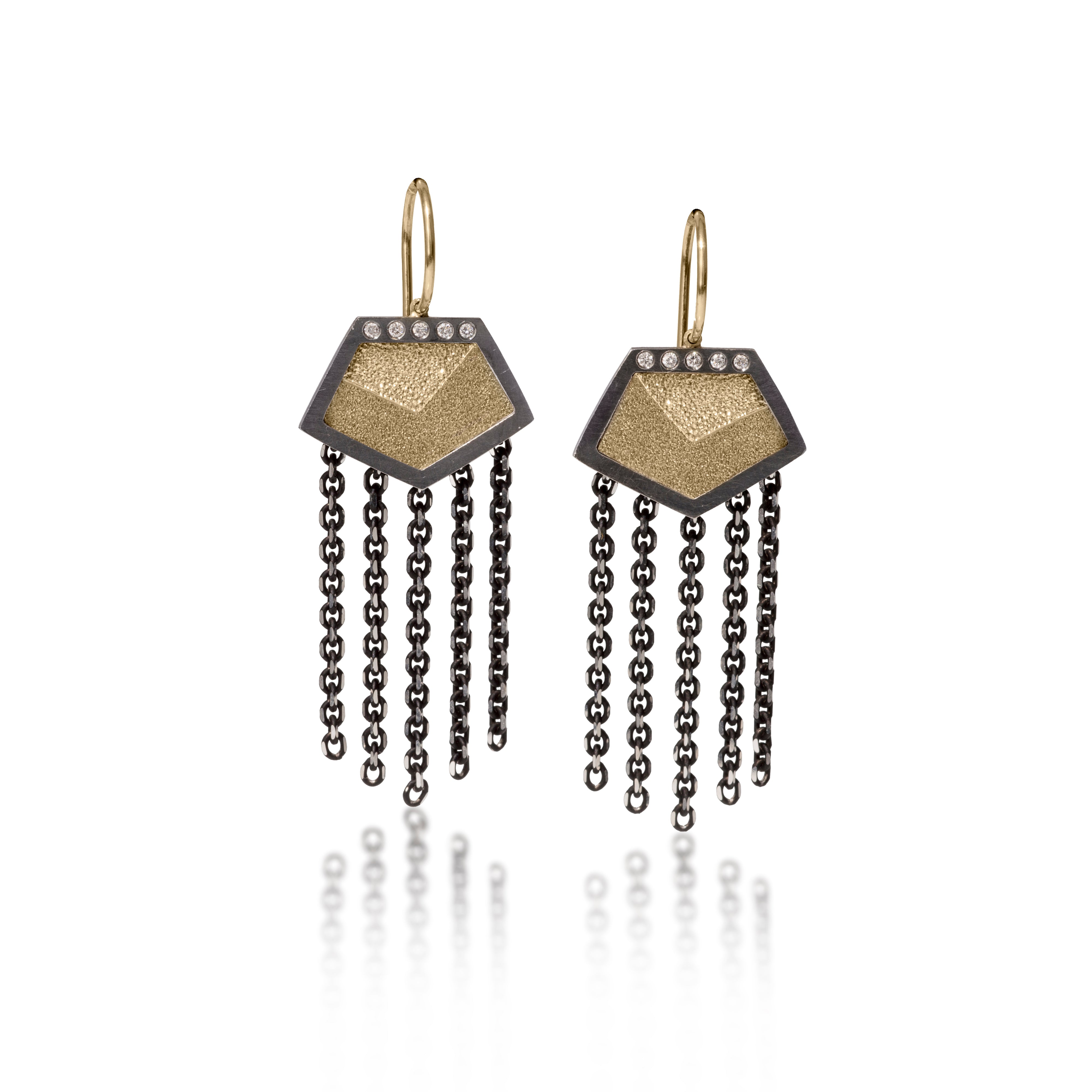 This earring in oxidized sterling silver and richly textured 18k bimetal, is flush set with ideal cut white diamonds. It features 14k gold posts. Accent facet glitters with the texture of diamond facets, individually scored and textured. Extra small size.  Available as a post, drop or fringed earring.  0.069 tcw