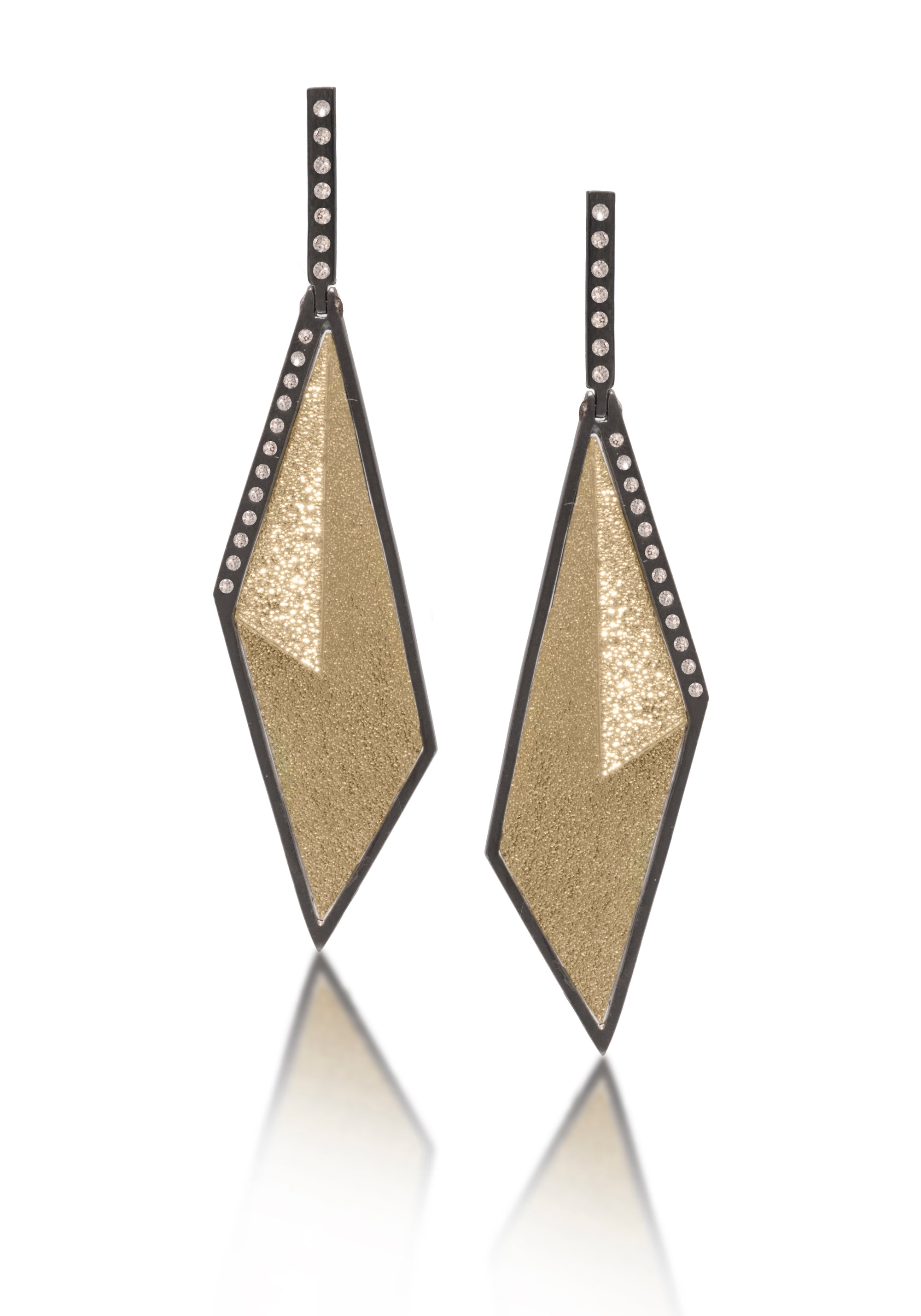Gem Link Earring #15 in oxidized sterling silver and richly textured 18k bimetal, flush set with ideal cut white diamonds. Hinged, kite shaped or bar style top with 14k gold posts. Accent facet glitters with the texture of diamond facets, individually scored and textured.  0.2622 tcw