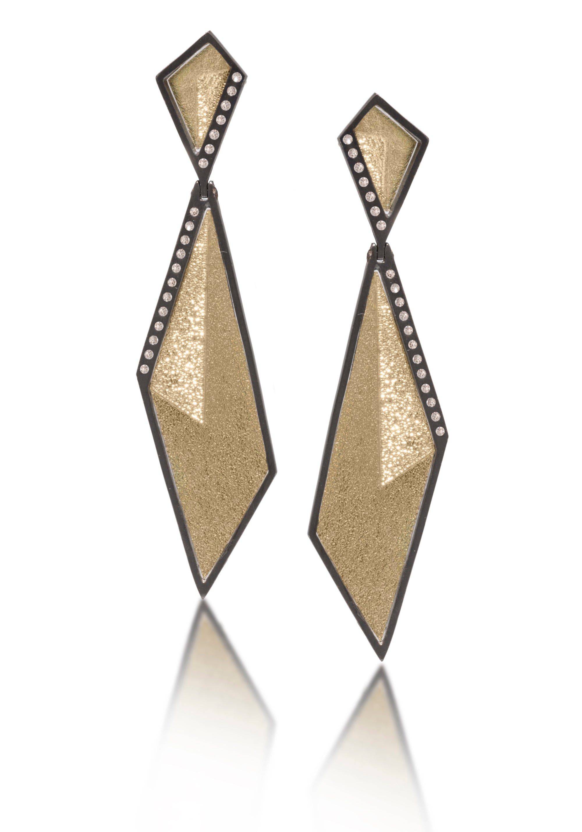 Gem Link Earring #15 in oxidized sterling silver and richly textured 18k bimetal, flush set with ideal cut white diamonds. Hinged, kite shaped or bar style top with 14k gold posts. Accent facet glitters with the texture of diamond facets, individually scored and textured.  0.2622 tcw