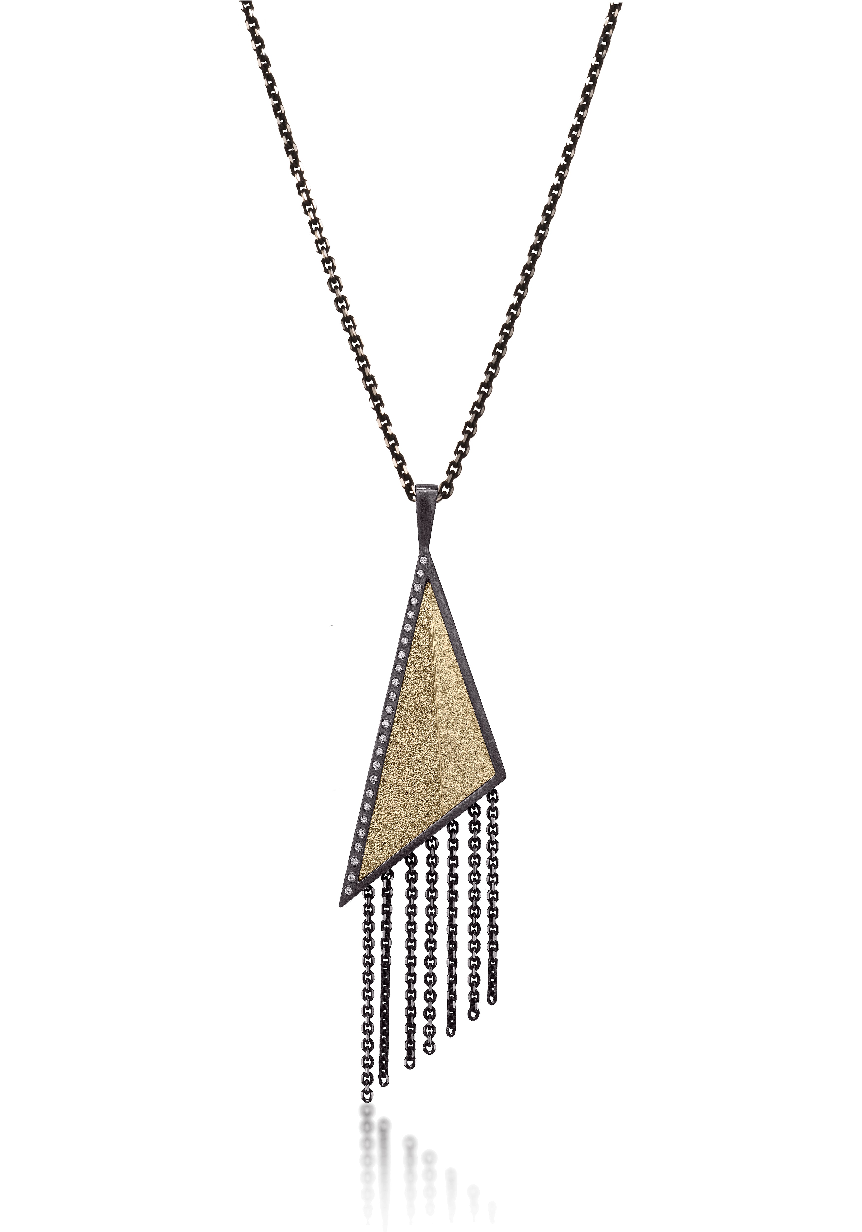 This oxidized sterling silver and richly textured 18k bimetal is flush set with ideal cut white diamonds.  Accent facet glitters with the texture of diamond facets, individually scored and hand textured. Available as a simple pendant or with fringe.  0.1725 tcw