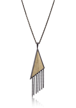 This oxidized sterling silver and richly textured 18k bimetal is flush set with ideal cut white diamonds.  Accent facet glitters with the texture of diamond facets, individually scored and hand textured. Available as a simple pendant or with fringe.  0.1725 tcw