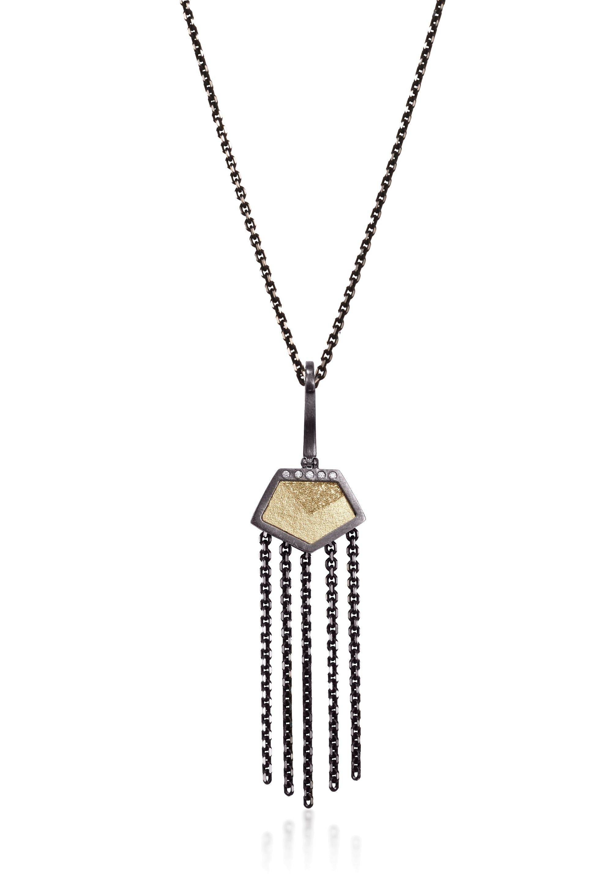 This oxidized sterling silver and richly textured 18k bimetal pendant is flush set with ideal cut white diamonds.  Hinged bail of oxidized sterling available as a fixed or enhancer bail. Accent facet glitters with the texture of diamond facets, individually scored and hand textured, with dangling diamond cut fringe. Size extra small.  0.0345 tcw