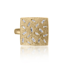 This medium square pendant ring in oxidized sterling silver is set with 18 white diamond baguettes. It is available in three richly textured color ways, oxidized silver, 18k gold, and palladium.  The random angles of the baguettes catch the light in exciting ways when worn. 0.486 tcw.