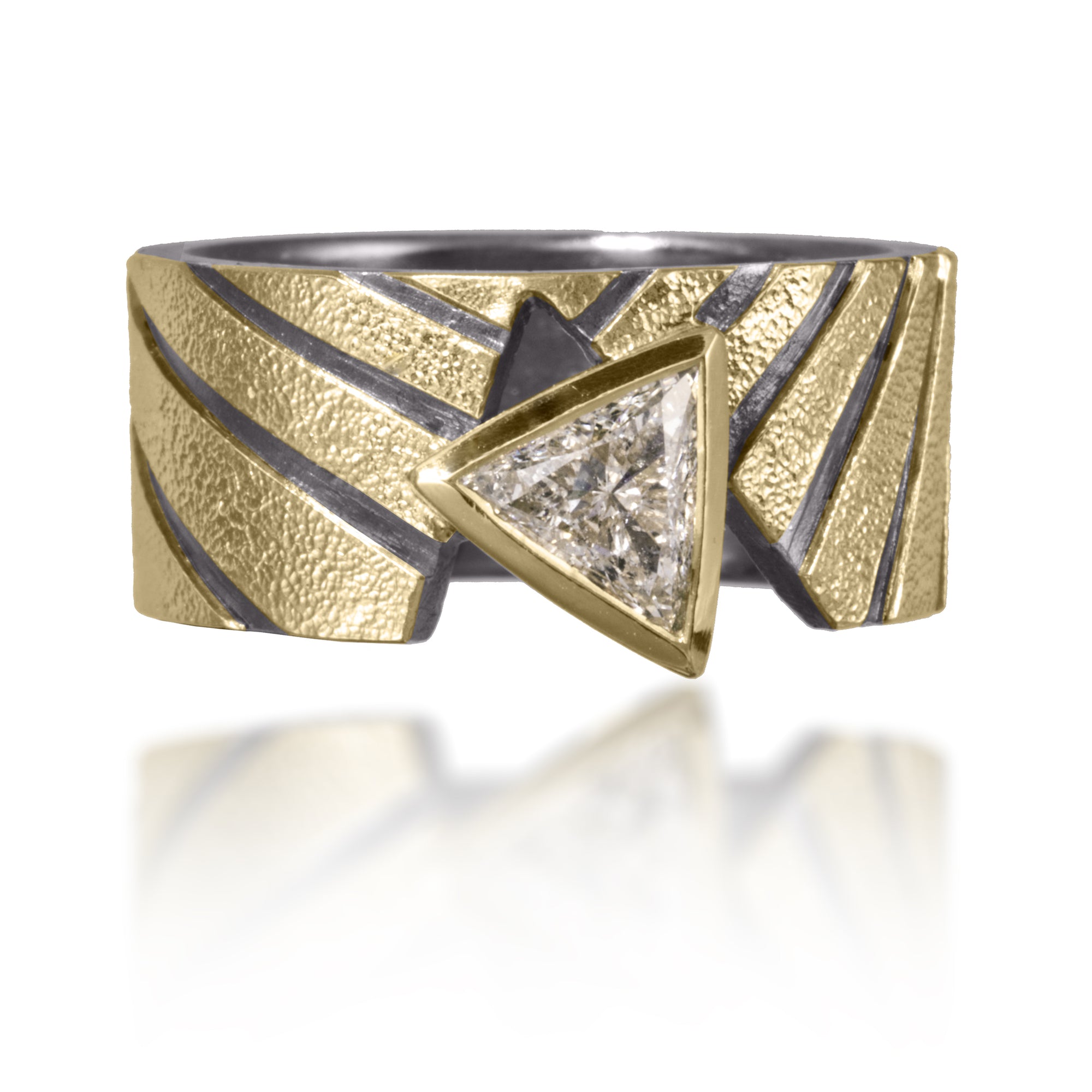 Stripe Ring #10 in 18k gold and oxidized sterling silver with bezel set, one of a kind, triangular cut diamond. Hand fabricated, stipple textured and engraved mixed metals. 9mm wide straight band with graduated, radial stripes, a low profile and very unique diamond, 0.49 tcw.