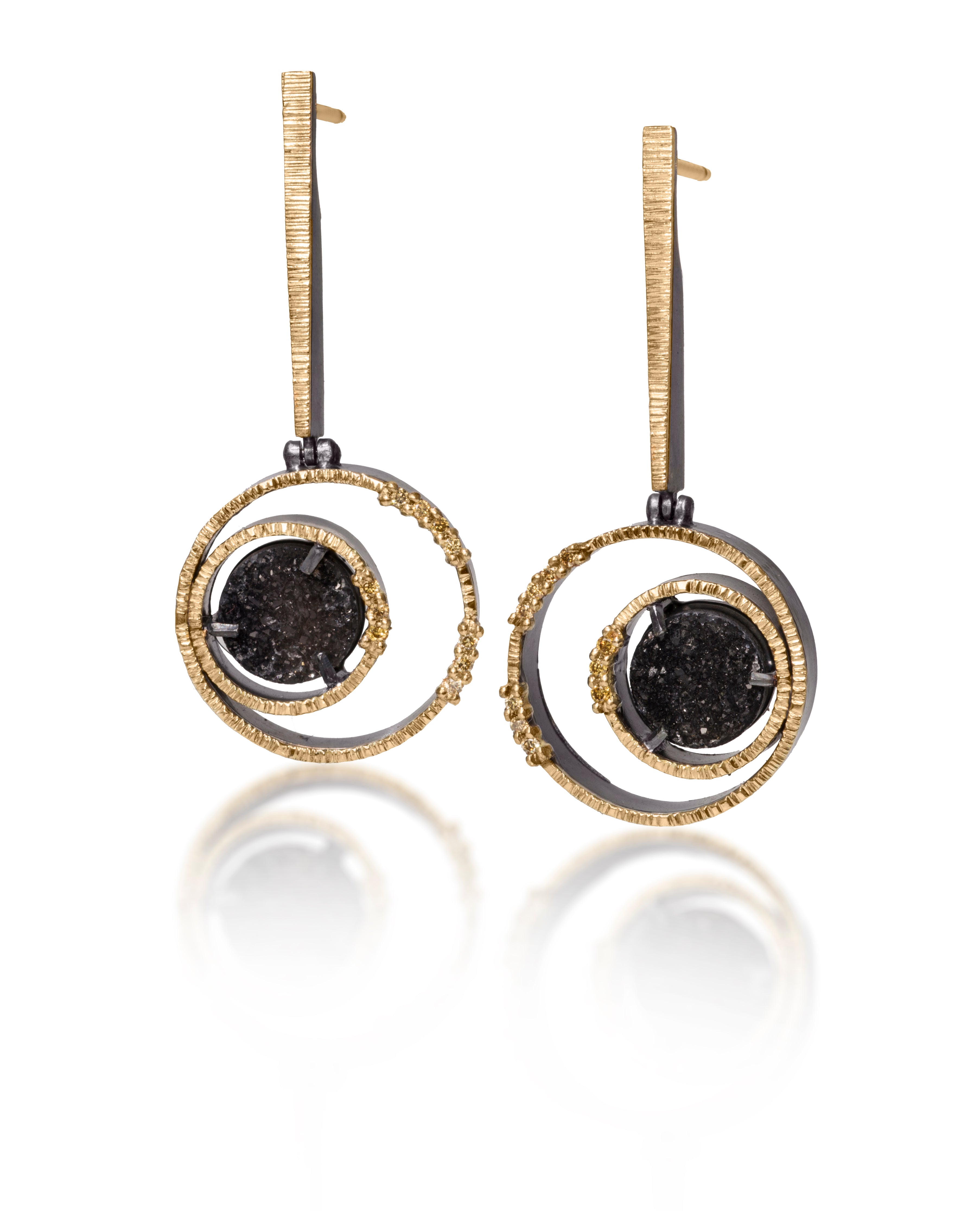 Spiral Earring #1 in 18k gold backed with oxidized sterling silver, prong set black drusy and natural yellow diamonds. Hand fabricated and hammer textured. Flexible hinge and leverbacks. 8mm black drusy.