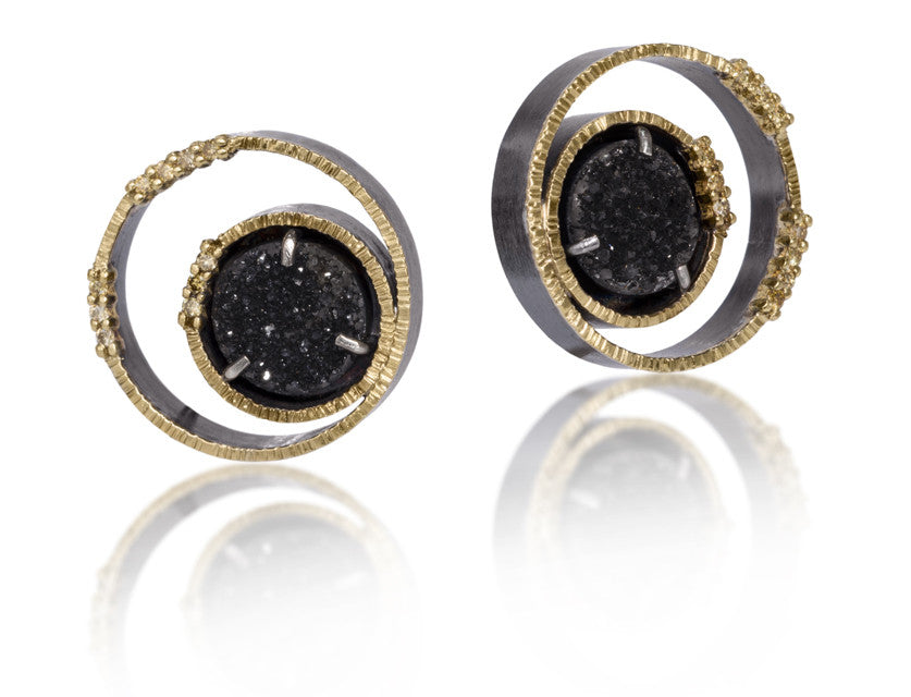 Spiral Earring #2 in 18k gold backed with oxidized sterling silver, prong set black drusy and natural yellow diamonds. Hand fabricated, hammer textured. 14k posts. 8mm black drusy.
