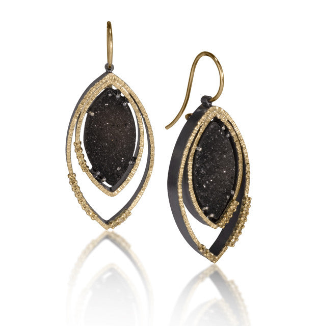 Spiral Earring #3 in 18k gold backed with oxidized sterling silver, prong set black drusy and natural yellow diamonds. Hand fabricated, hammer textured. 18k earwires. 15mm marquis shaped black drusy.