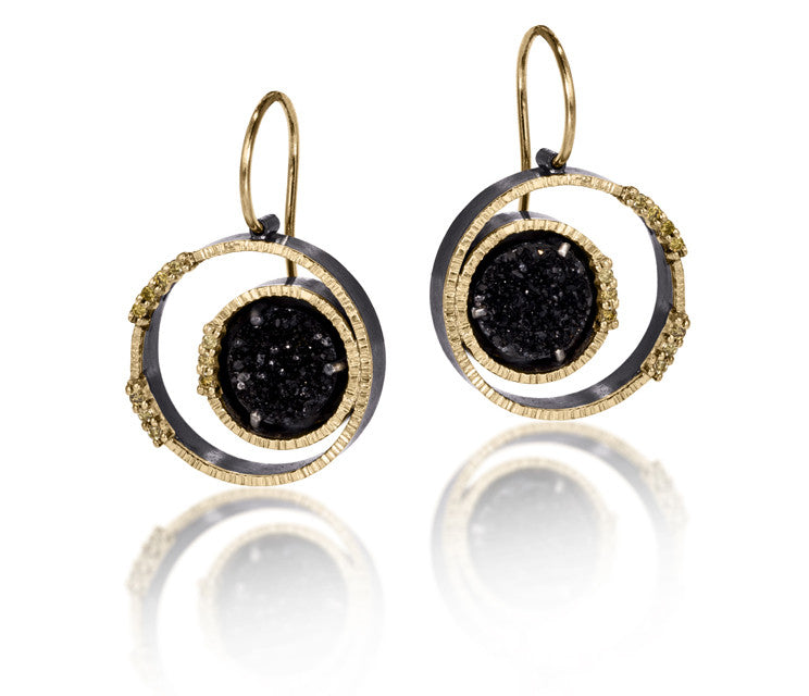 Spiral Earring #3 in 18k gold backed with oxidized sterling silver, prong set black drusy and natural yellow diamonds. Hand fabricated, hammer textured. 18k earwires. 8mm black drusy.