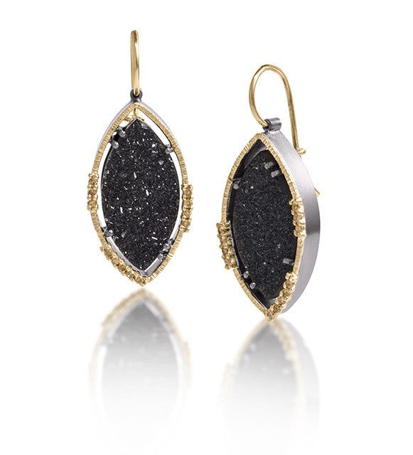Spiral Earring #4 in 18k gold backed with oxidized sterling silver, prong set black drusy and natural yellow diamonds.  Hand fabricated, hammer textured.  18k earwires, marquis black drusy.