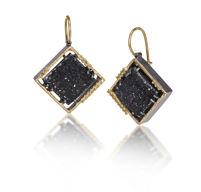 Spiral Earring #4 in 18k gold backed with oxidized sterling silver, prong set black drusy and natural yellow diamonds.  Hand fabricated, hammer textured.  18k earwires, square black drusy.