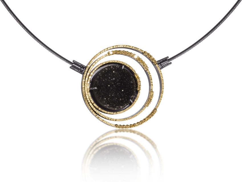 Spiral Necklace #1 in 18k gold backed with oxidized sterling silver, prong set black drusy and natural yellow diamonds.Hand fabricated, hammer textured. Flexible cable connections and friction tube clasp. 18mm black drusy.