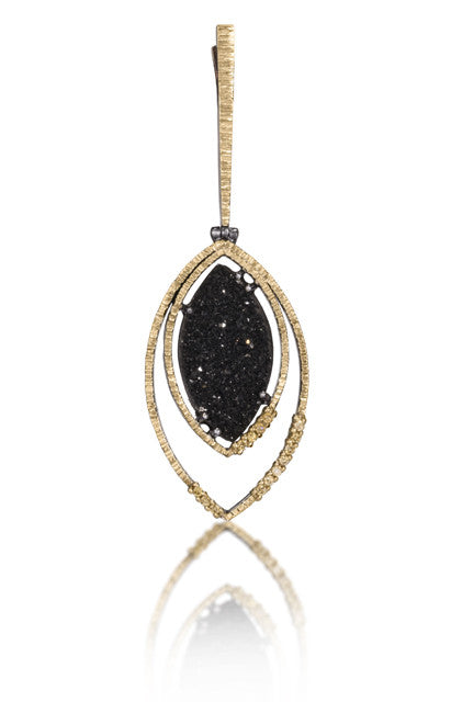 Spiral Pendant #2 in 18k gold backed with oxidized sterling silver, prong set Marquis shaped black drusy and natural yellow diamonds. Hand fabricated, hammer textured. 14k yellow gold clip allows pendant to be attached to any chain or loop. 12mm black onyx drusy.