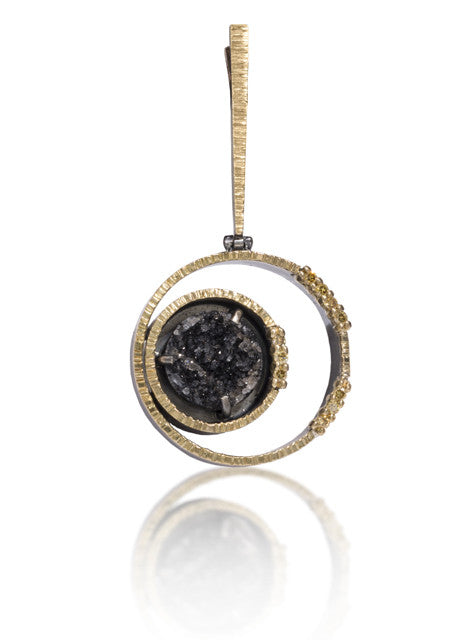 Spiral Pendant #3 in 18k gold backed with oxidized sterling silver, prong set black drusy and natural yellow diamonds. Hand fabricated, hammer textured. 14k white gold clip allows pendant to be attached to any chain or loop. 8mm black onyx drusy