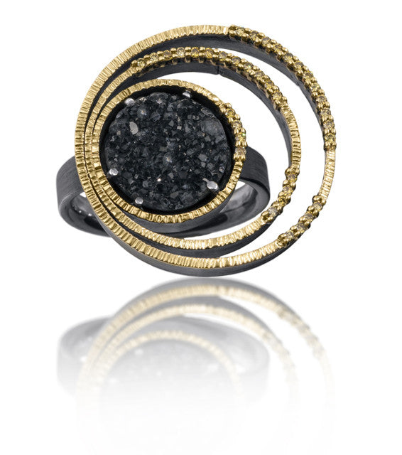 Spiral Ring #1 in 18k gold backed with oxidized sterling silver, prong set black drusy and natural yellow diamonds.Hand fabricated, hammer textured. Comfort band. 12mm black drusy.