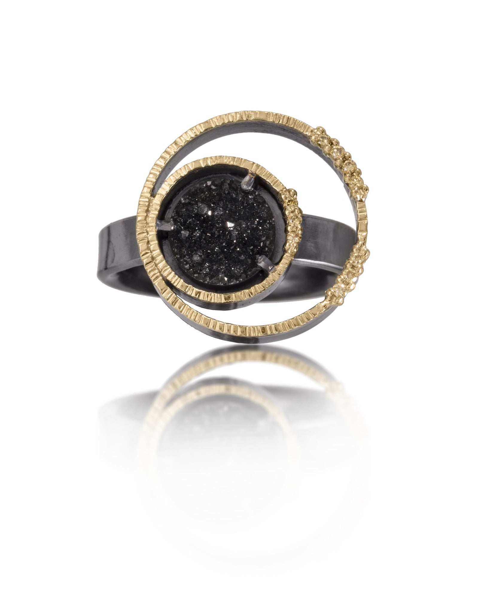 Spiral Ring #2 in 18k gold backed with oxidized sterling silver, prong set black drusy and natural yellow diamonds. Hand fabricated, hammer textured. Comfort band. 8mm black drusy.