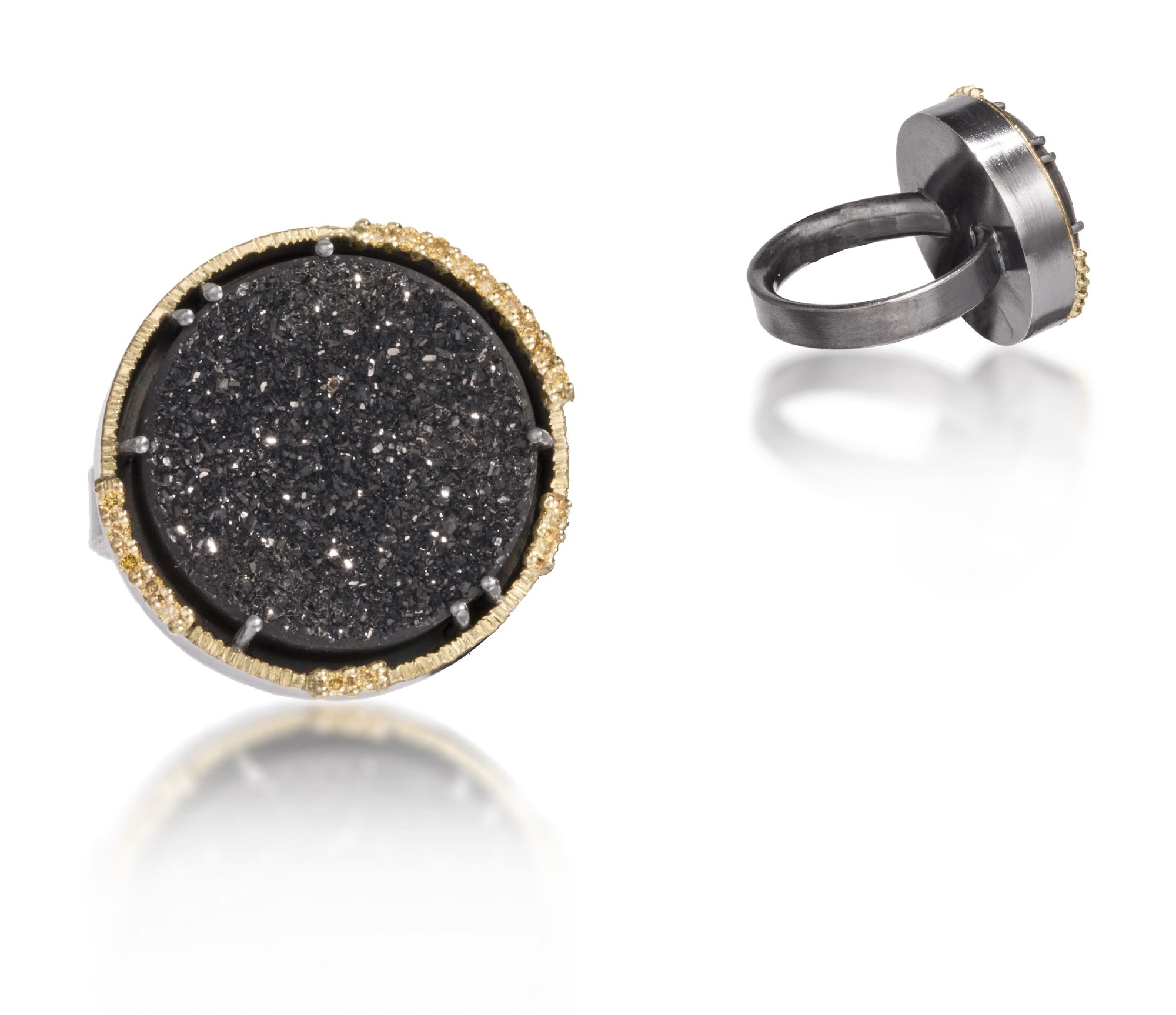 Spiral Ring #4 in 18k gold backed with oxidized sterling silver, prong set black drusy and natural yellow diamonds. Hand fabricated, hammer textured. Comfort band. 18mm black drusy.
