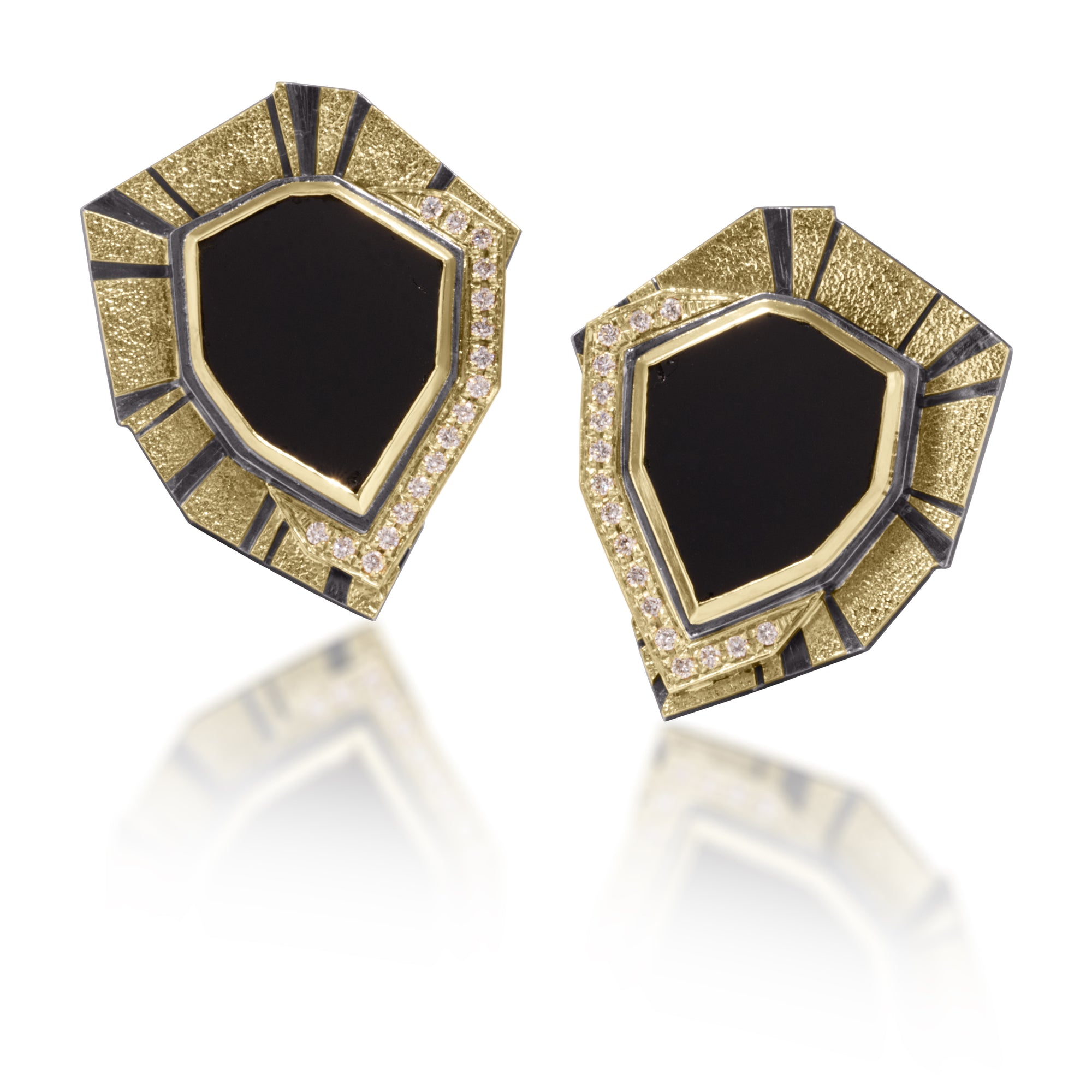One of a kind Stripe Earring E-2003 in 18k gold and oxidized sterling silver with bezel set, black tourmaline natural crystal slice. Hand fabricated, stipple textured and engraved mixed metals. Bright cut pave set white diamonds, .240 tcw., 14k gold posts and oxidized sterling lever backs.