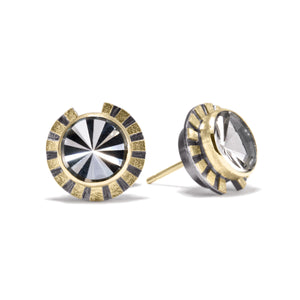 This is the refined and dazzling Striped Earring #1. Made in 18k gold and oxidized sterling silver, the design features a bezel set, radial cut, semiprecious center stone. Hand fabricated, stipple textured and engraved mixed metals.  Available in seven color ways, with 14k gold posts.