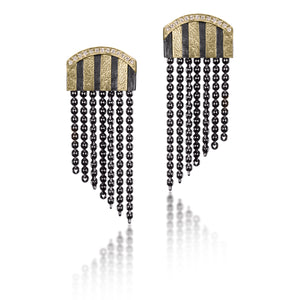 A modern and minimal play on Harlequin drama, the Stripe Earring #6 has everything, diamonds, stripes and fringe!  Broad stripes of 18k gold and oxidized sterling silver framed in pavé set white diamonds.  Post style earring with 14k gold posts.  Hand fabricated, stipple textured and engraved mixed metals.