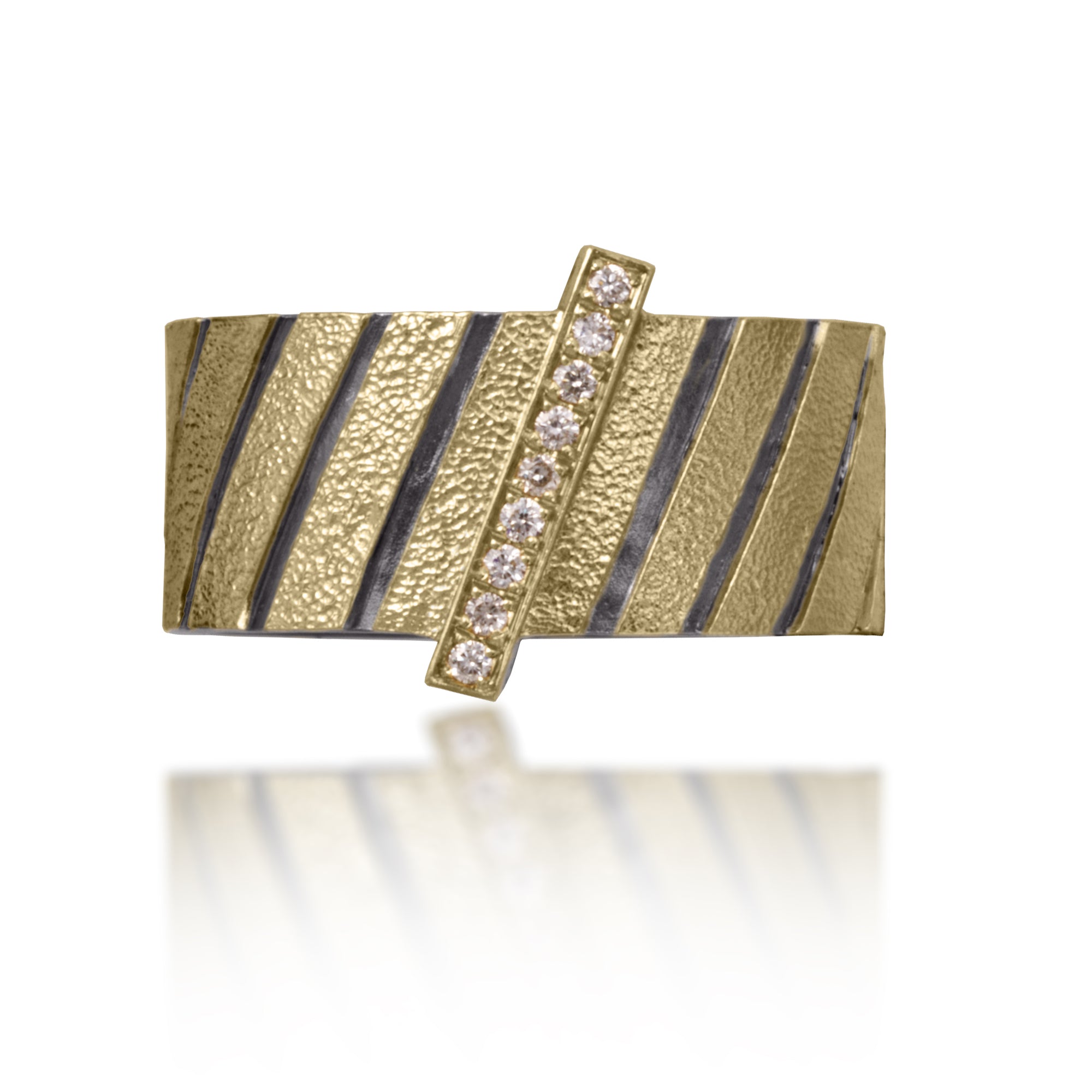 Stripe Ring #10 in 18k gold and oxidized sterling silver features a gold bar pave set with white diamonds. Hand fabricated, stipple textured and engraved mixed metals. 9mm wide straight band with angled stripes.