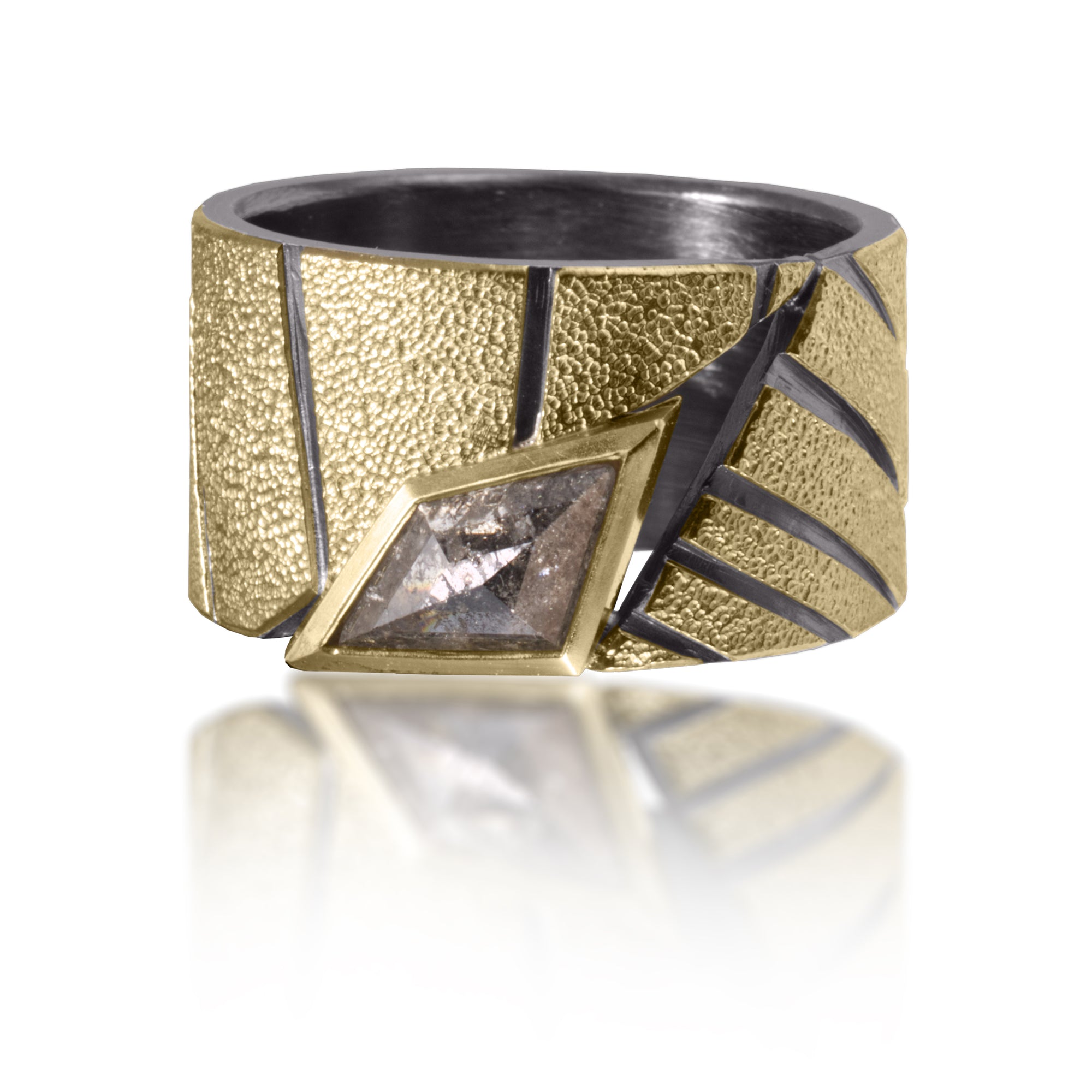 Stripe Ring #9 in 18k gold and oxidized sterling silver with a bezel set, one of a kind, angular, gray rose cut diamond, 0.94 tcw. Hand fabricated, stipple textured and engraved mixed metals. The 14mm wide straight band features graduated, radial stripes, a low profile and very unique diamond.