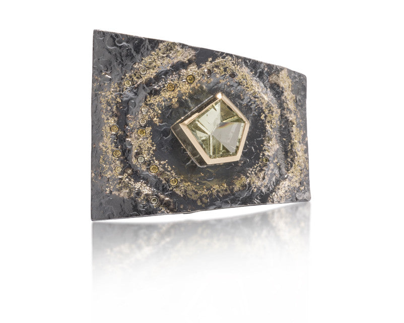 Storm Surge brooch in 18k gold and oxidized sterling silver, with bezel set beryl and flush set with champagne brilliant cut diamonds. One of a kind brooch entirely hand fabricated. Forged, textured and fused with 18k to accentuate the contours of the piece.